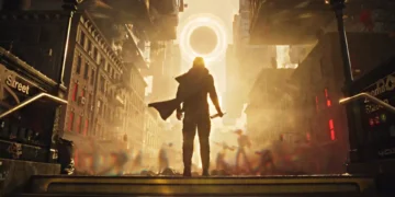 Mysterious lone figure facing a glowing resonant portal in a distorted city with floating buildings, golden light, and cinematic sci-fi atmosphere live wallpaper