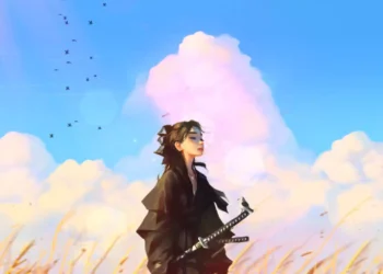 Lo-fi anime samurai girl standing in golden grass under an open blue sky with soft clouds, birds flying overhead, calm expression, and peaceful atmospheric lighting live wallpaper