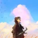 Lo-fi anime samurai girl standing in golden grass under an open blue sky with soft clouds, birds flying overhead, calm expression, and peaceful atmospheric lighting live wallpaper