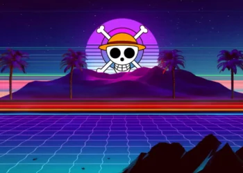 Neon retro One Piece Straw Hat pirate skull logo glowing over synthwave mountains, palm trees, and grid horizon live wallpaper