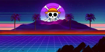 Neon retro One Piece Straw Hat pirate skull logo glowing over synthwave mountains, palm trees, and grid horizon live wallpaper