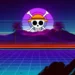 Neon retro One Piece Straw Hat pirate skull logo glowing over synthwave mountains, palm trees, and grid horizon live wallpaper