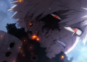 Close-up anime artwork of Bakugo Katsuki with glowing explosive eyes, battle-damaged face, fiery embers and smoke effects, intense rage expression, dramatic lighting, and dark action atmosphere live wallpaper