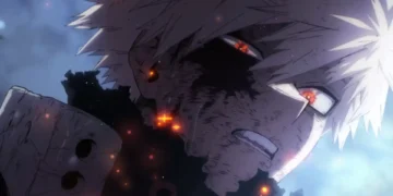 Close-up anime artwork of Bakugo Katsuki with glowing explosive eyes, battle-damaged face, fiery embers and smoke effects, intense rage expression, dramatic lighting, and dark action atmosphere live wallpaper