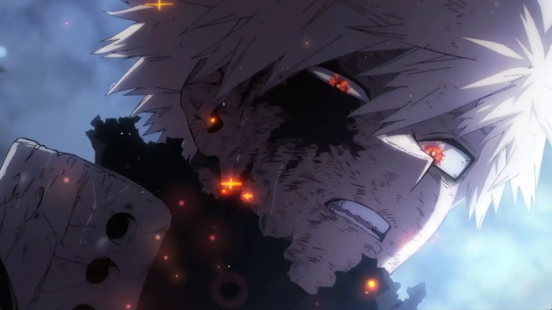 Close-up anime artwork of Bakugo Katsuki with glowing explosive eyes, battle-damaged face, fiery embers and smoke effects, intense rage expression, dramatic lighting, and dark action atmosphere live wallpaper
