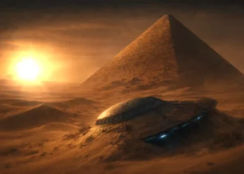 ancient pyramid in desert at sunset with partially buried UFO spaceship glowing blue lights in sand dunes, cinematic sci-fi landscape with dramatic sunlight and mysterious alien discovery atmosphere live wallpaper