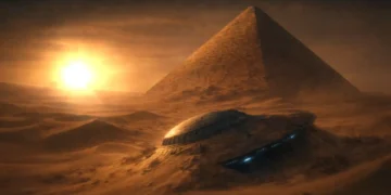 ancient pyramid in desert at sunset with partially buried UFO spaceship glowing blue lights in sand dunes, cinematic sci-fi landscape with dramatic sunlight and mysterious alien discovery atmosphere live wallpaper