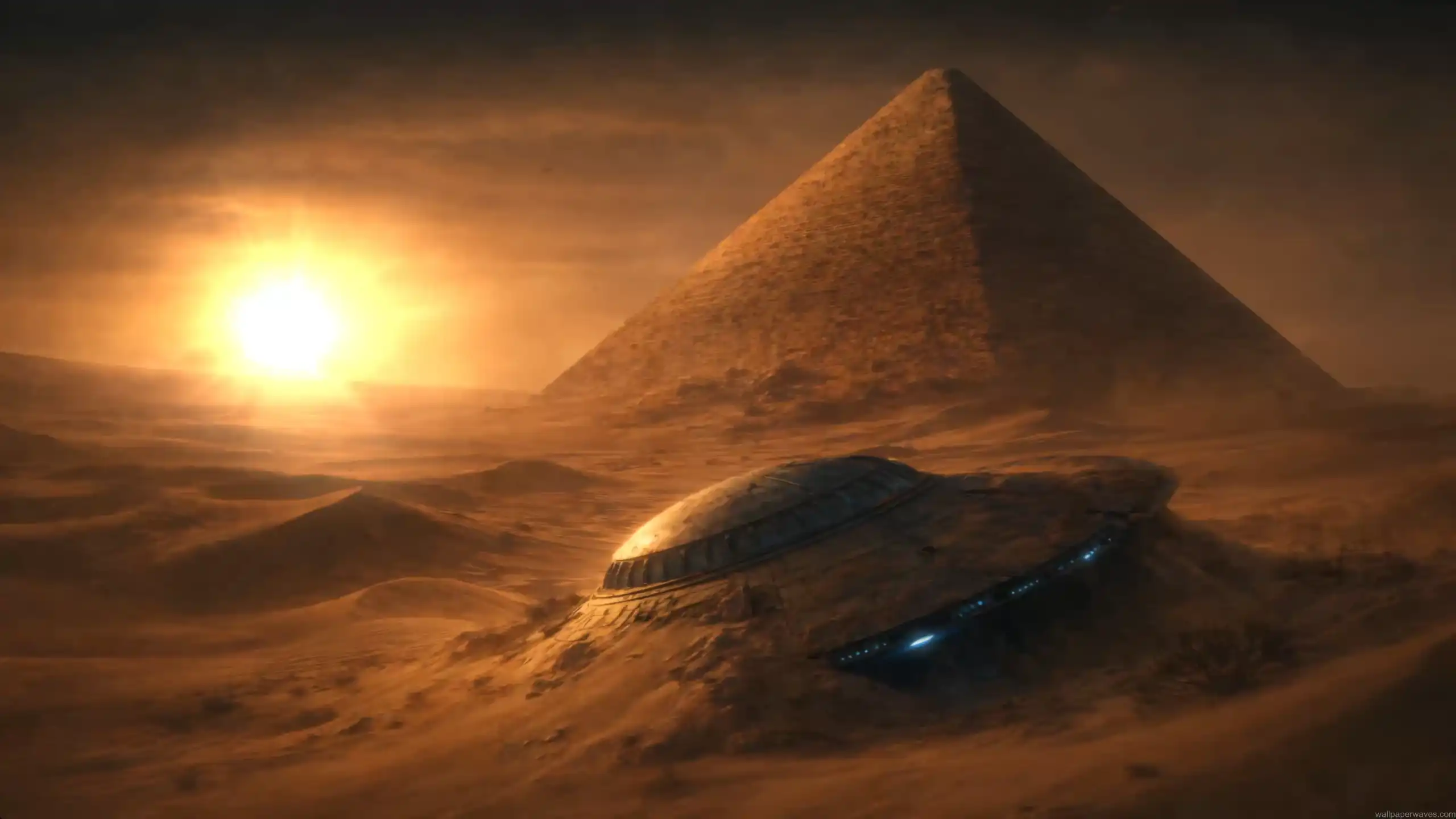 ancient pyramid in desert at sunset with partially buried UFO spaceship glowing blue lights in sand dunes, cinematic sci-fi landscape with dramatic sunlight and mysterious alien discovery atmosphere live wallpaper