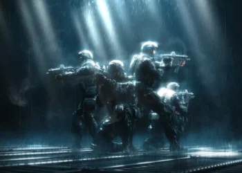 Call of Duty Modern Warfare soldiers squad in heavy rain tactical formation with guns cinematic dark battlefield scene wallpaper