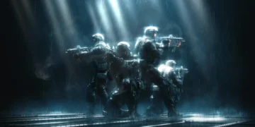 Call of Duty Modern Warfare soldiers squad in heavy rain tactical formation with guns cinematic dark battlefield scene wallpaper