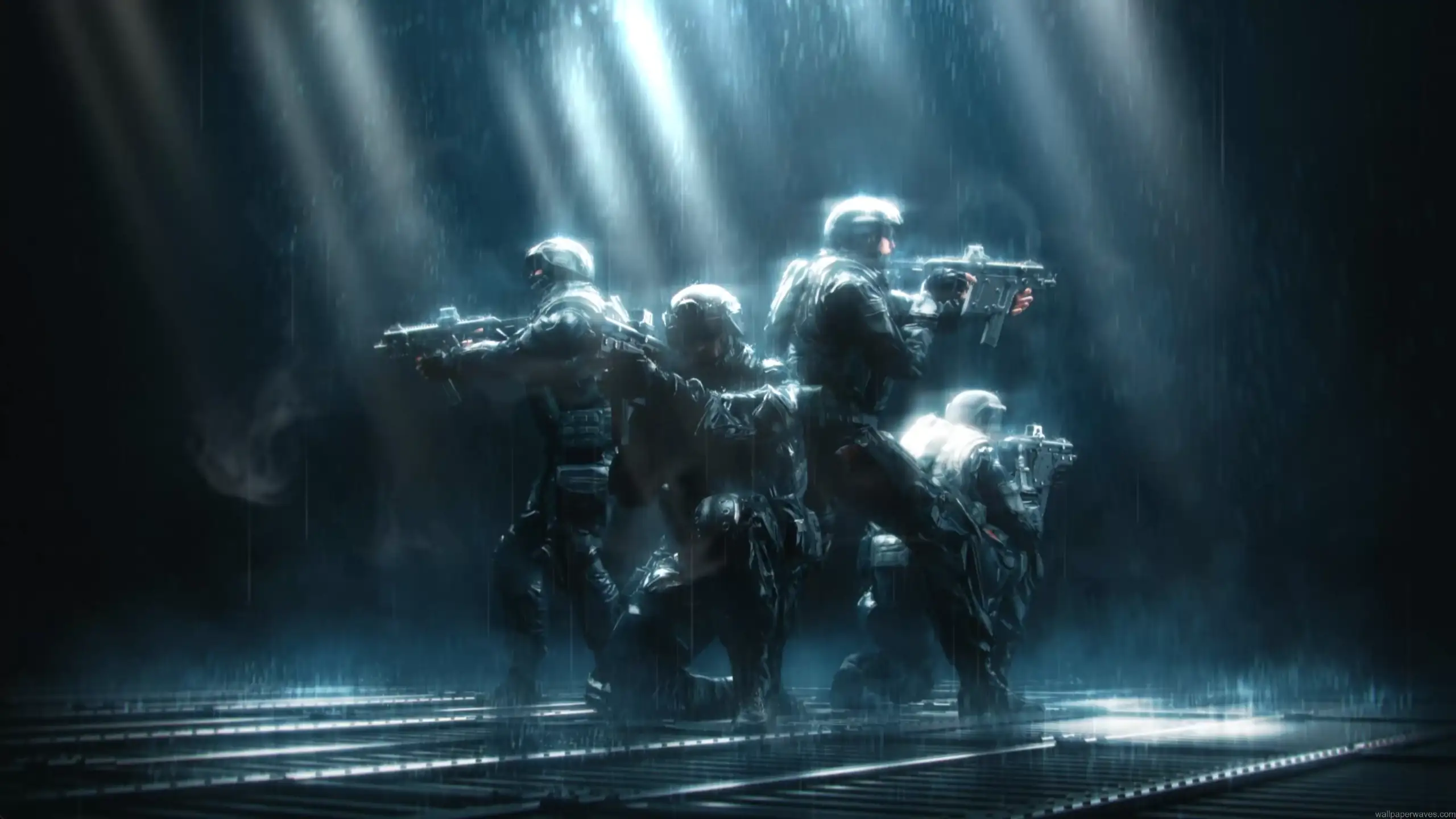 Call of Duty Modern Warfare soldiers squad in heavy rain tactical formation with guns cinematic dark battlefield scene wallpaper