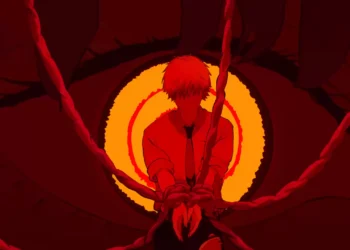Denji from Chainsaw Man kneeling with chains wrapped around hands under giant glowing eye with red background, symbolic control and dark anime atmosphere with intense crimson lighting live wallpaper