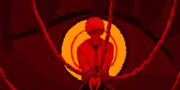 Denji from Chainsaw Man kneeling with chains wrapped around hands under giant glowing eye with red background, symbolic control and dark anime atmosphere with intense crimson lighting live wallpaper