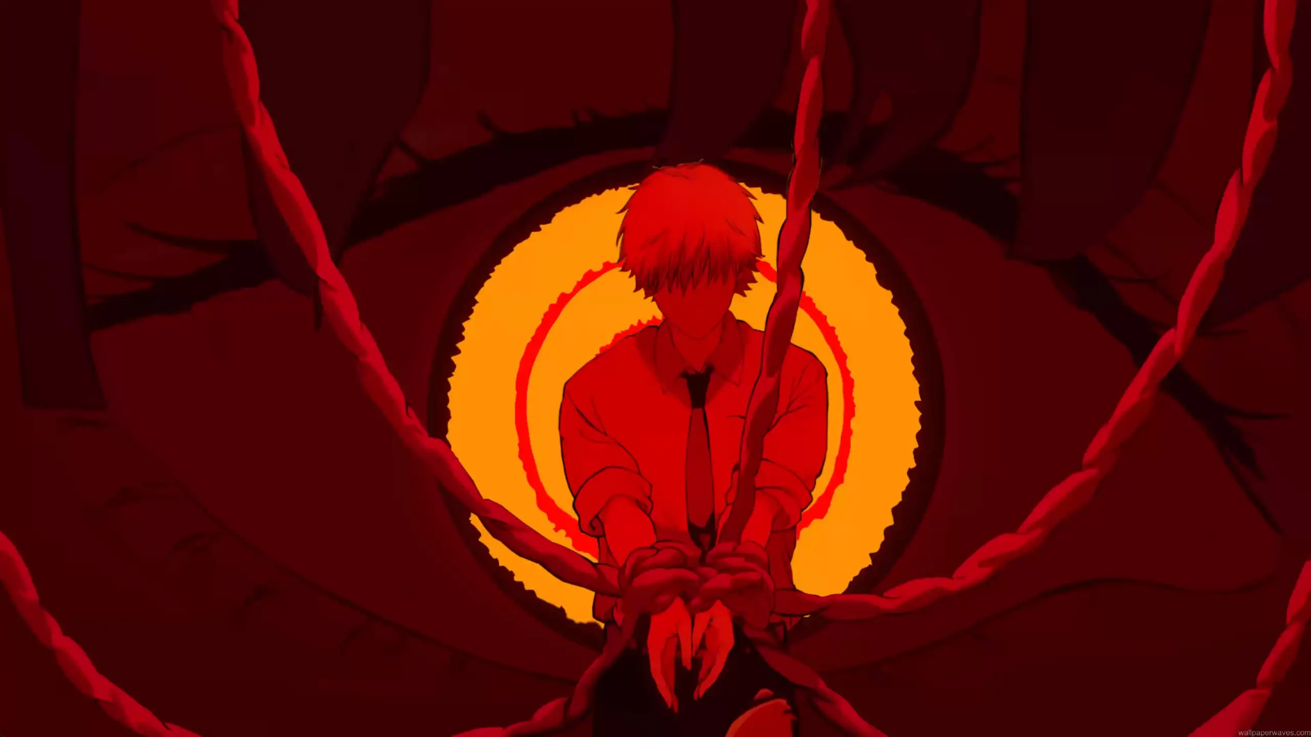 Denji from Chainsaw Man kneeling with chains wrapped around hands under giant glowing eye with red background, symbolic control and dark anime atmosphere with intense crimson lighting live wallpaper
