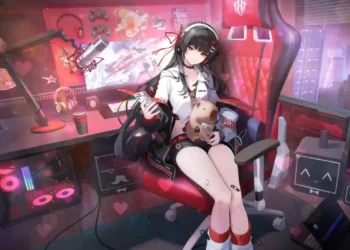 Chisa from Wuthering Waves relaxing in cozy RGB gamer room with headphones and gaming setup, neon pink streaming studio aesthetic with computer desk, microphone, and city lights wallpaper