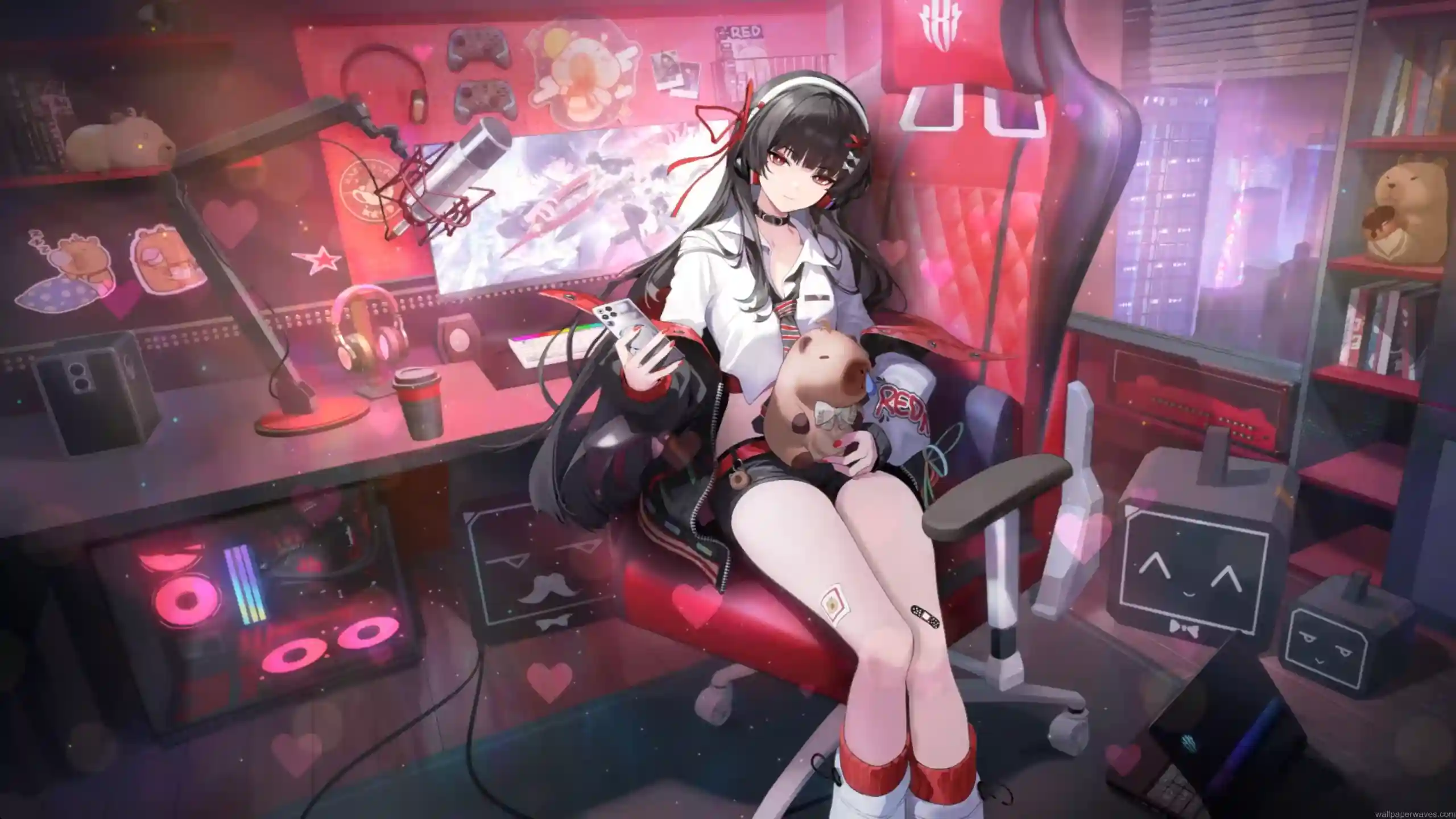 Chisa from Wuthering Waves relaxing in cozy RGB gamer room with headphones and gaming setup, neon pink streaming studio aesthetic with computer desk, microphone, and city lights wallpaper