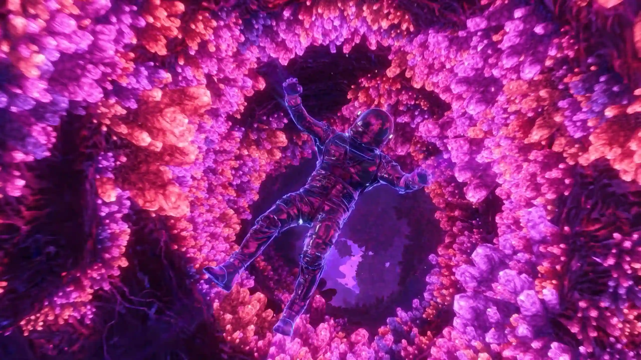 astronaut floating in glowing crystal tunnel with vibrant pink and purple neon formations, surreal cosmic cave environment with luminous energy reflections and deep space sci-fi atmosphere live wallpaper