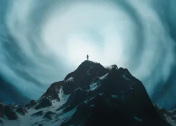 Lone figure standing on snowy mountain peak under massive swirling cosmic vortex sky with dramatic blue tones and atmospheric sci fi landscape wallpaper