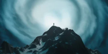 Lone figure standing on snowy mountain peak under massive swirling cosmic vortex sky with dramatic blue tones and atmospheric sci fi landscape wallpaper
