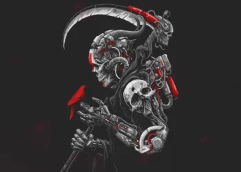 Cyberpunk mechanical grim reaper with robotic skull and glowing red accents holding scythe with red bird perched on hand dark futuristic dystopian wallpaper