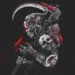 Cyberpunk mechanical grim reaper with robotic skull and glowing red accents holding scythe with red bird perched on hand dark futuristic dystopian wallpaper