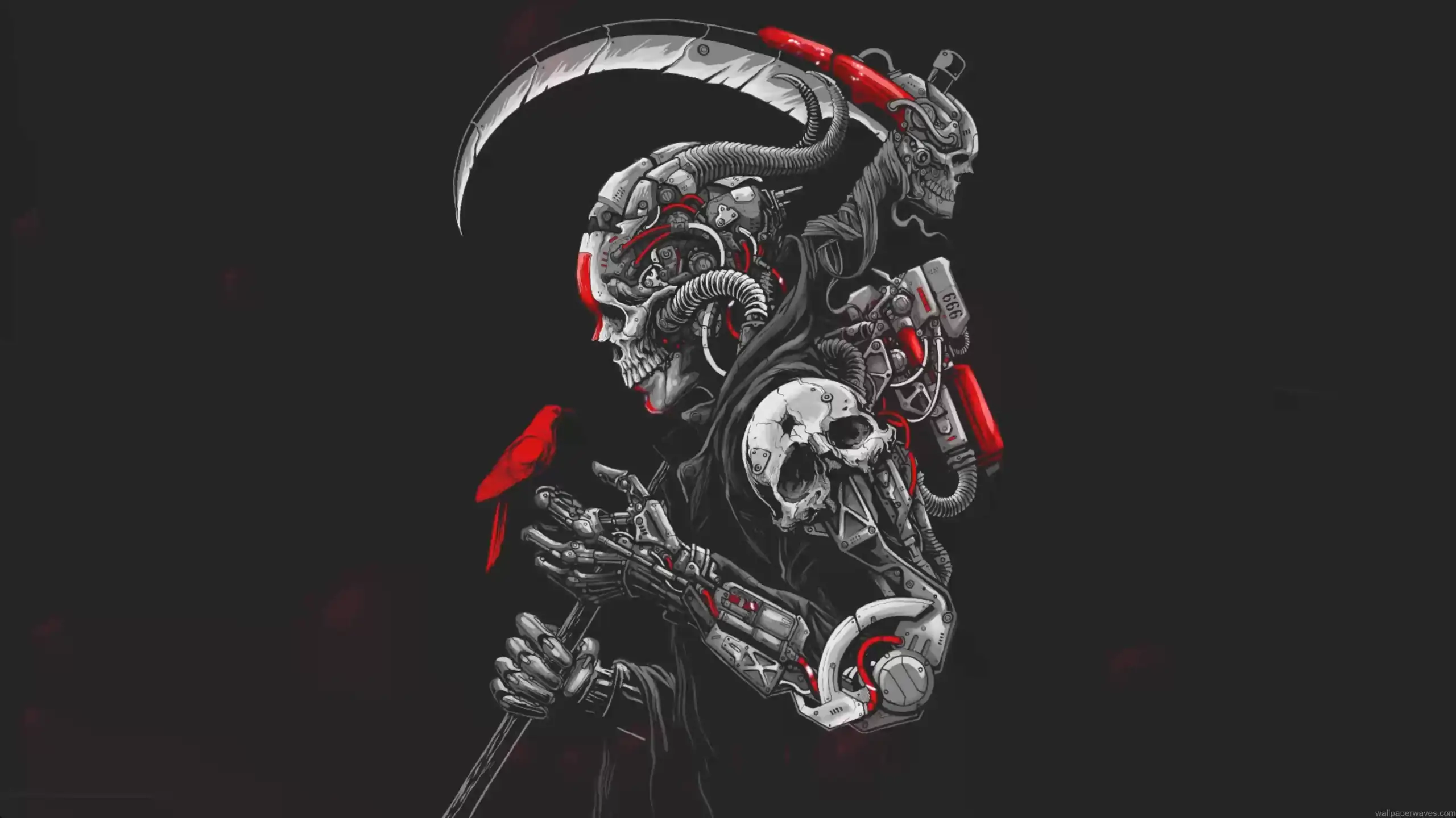 Cyberpunk mechanical grim reaper with robotic skull and glowing red accents holding scythe with red bird perched on hand dark futuristic dystopian wallpaper