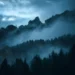 dark misty mountain forest landscape with pine trees and fog drifting across valley during rainy storm, dramatic blue atmospheric lighting with cinematic nature scenery live wallpaper