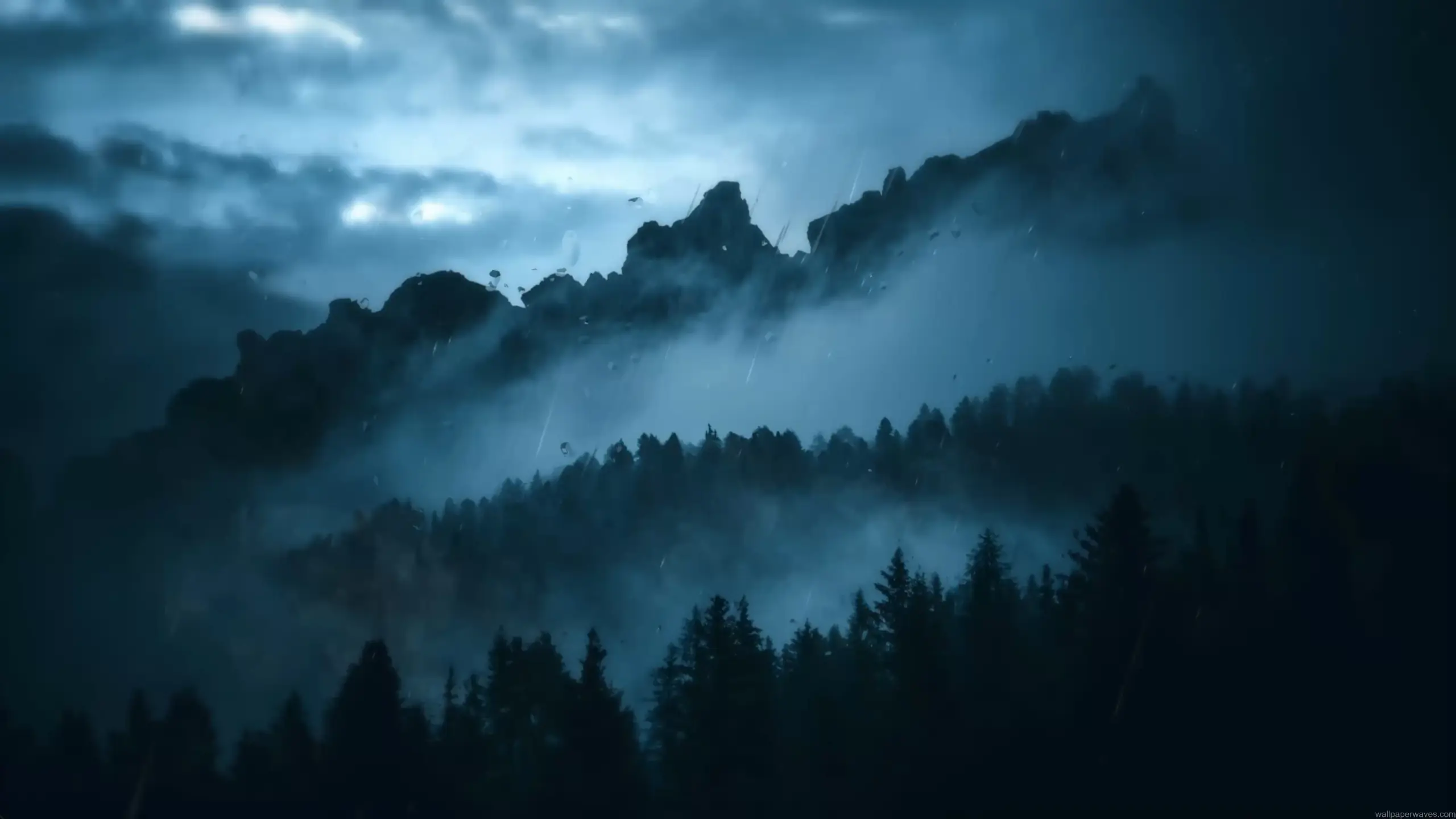 dark misty mountain forest landscape with pine trees and fog drifting across valley during rainy storm, dramatic blue atmospheric lighting with cinematic nature scenery live wallpaper