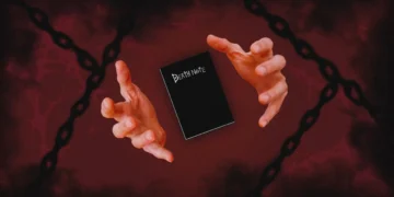 Death Note black notebook floating between hands in red dark background with chains symbolic power and control anime aesthetic wallpaper