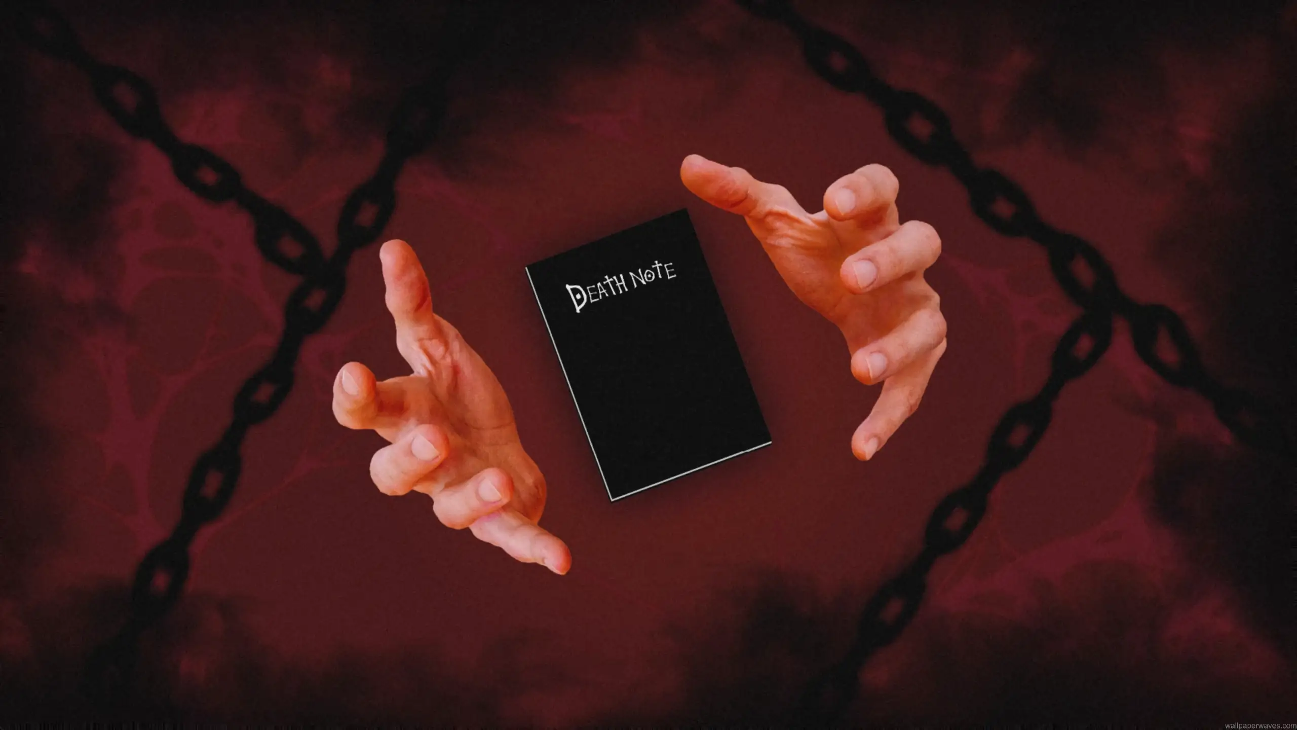 Death Note black notebook floating between hands in red dark background with chains symbolic power and control anime aesthetic wallpaper