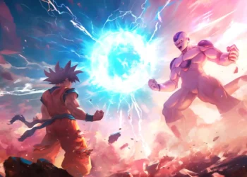 Dragon Ball Z Epic Battle Goku vs Frieza Live Wallpaper 1 Goku vs Frieza epic battle scene with glowing energy sphere, lightning effects, and destroyed battlefield in Dragon Ball Z anime wallpaper