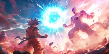 Goku vs Frieza epic battle scene with glowing energy sphere, lightning effects, and destroyed battlefield in Dragon Ball Z anime wallpaper