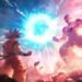 Goku vs Frieza epic battle scene with glowing energy sphere, lightning effects, and destroyed battlefield in Dragon Ball Z anime wallpaper