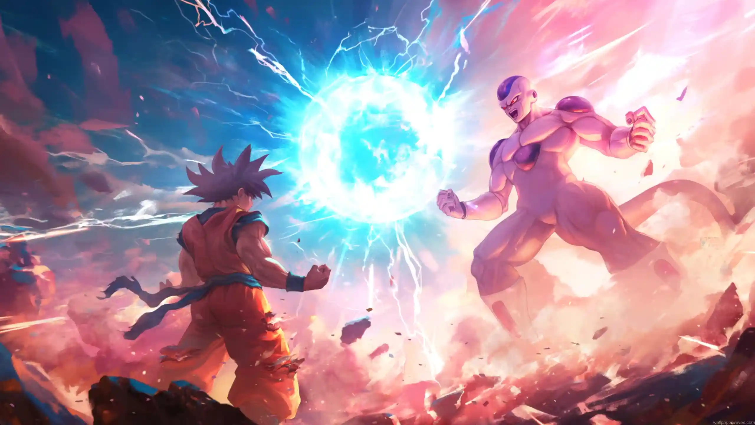 Goku vs Frieza epic battle scene with glowing energy sphere, lightning effects, and destroyed battlefield in Dragon Ball Z anime wallpaper
