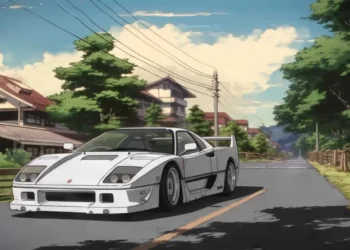 Ferrari F40 driving through peaceful anime countryside street with traditional houses trees and power lines under bright summer sky, cinematic anime car scene with calm scenic road atmosphere live wallpaper