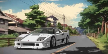 Ferrari F40 driving through peaceful anime countryside street with traditional houses trees and power lines under bright summer sky, cinematic anime car scene with calm scenic road atmosphere live wallpaper