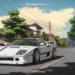 Ferrari F40 driving through peaceful anime countryside street with traditional houses trees and power lines under bright summer sky, cinematic anime car scene with calm scenic road atmosphere live wallpaper