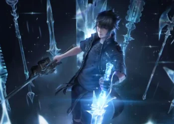 Noctis Lucis Caelum from Final Fantasy XV summoning glowing blue spectral weapons around him with magical armiger arsenal floating in dark fantasy environment with radiant energy effects live wallpaper