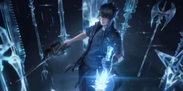 Noctis Lucis Caelum from Final Fantasy XV summoning glowing blue spectral weapons around him with magical armiger arsenal floating in dark fantasy environment with radiant energy effects live wallpaper