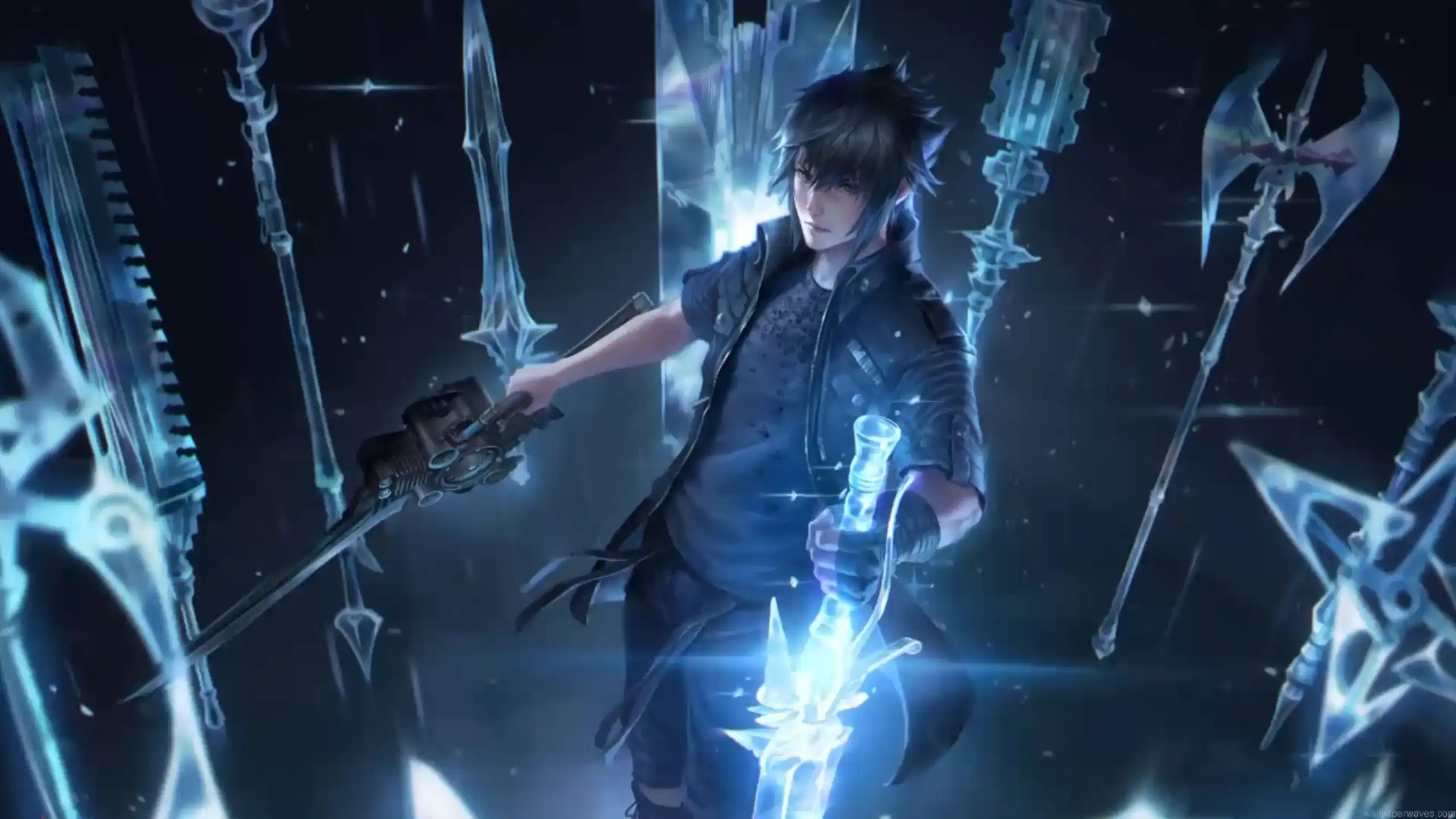 Noctis Lucis Caelum from Final Fantasy XV summoning glowing blue spectral weapons around him with magical armiger arsenal floating in dark fantasy environment with radiant energy effects live wallpaper