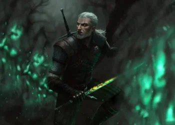 Geralt of Rivia Dark Forest Hunt Live Wallpaper 2 Geralt of Rivia dark forest glowing sword witcher monster hunter cinematic green aura armor intense scene wallpaper