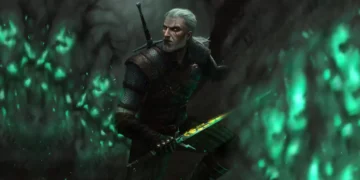 Geralt of Rivia dark forest glowing sword witcher monster hunter cinematic green aura armor intense scene wallpaper