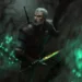 Geralt of Rivia dark forest glowing sword witcher monster hunter cinematic green aura armor intense scene wallpaper