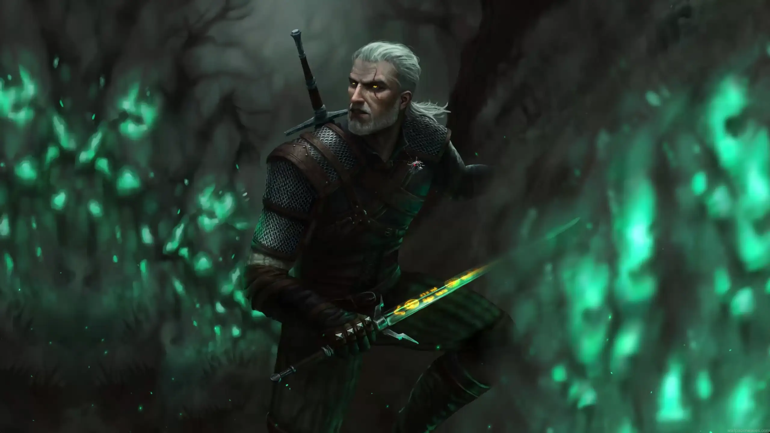 Geralt of Rivia dark forest glowing sword witcher monster hunter cinematic green aura armor intense scene wallpaper