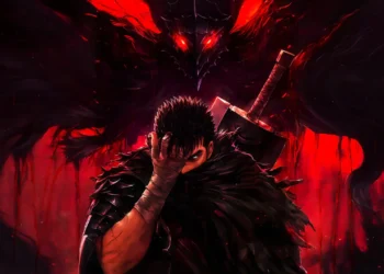 Guts from Berserk standing with massive sword in dark red demonic aura, shadow beast with glowing red eyes looming above, intense dark fantasy anime battle atmosphere live wallpaper