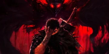 Guts from Berserk standing with massive sword in dark red demonic aura, shadow beast with glowing red eyes looming above, intense dark fantasy anime battle atmosphere live wallpaper