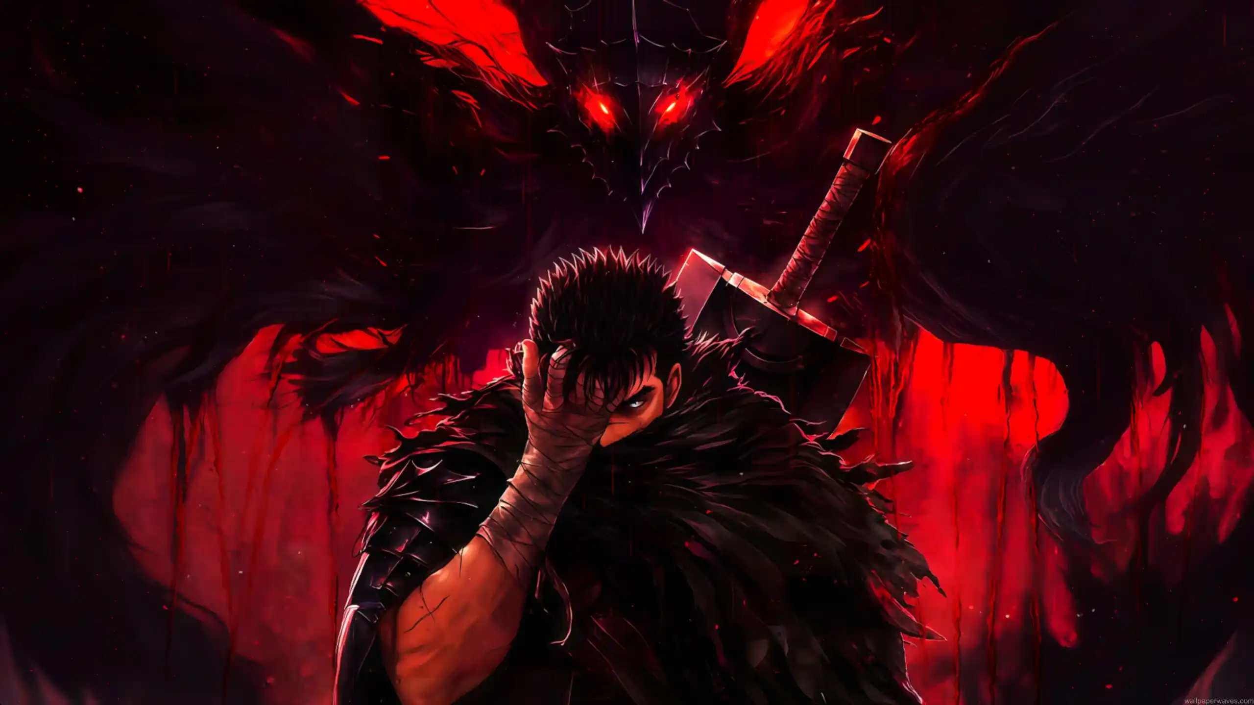 Guts from Berserk standing with massive sword in dark red demonic aura, shadow beast with glowing red eyes looming above, intense dark fantasy anime battle atmosphere live wallpaper