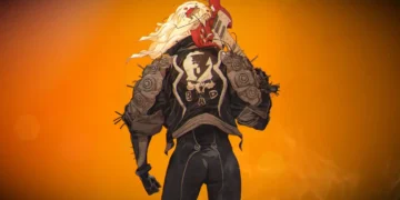 I-No from Guilty Gear standing with red electric guitar on shoulder, platinum hair flowing, black leather outfit with mechanical shoulder armor, bold orange background, rebellious rock goddess aesthetic live wallpaper
