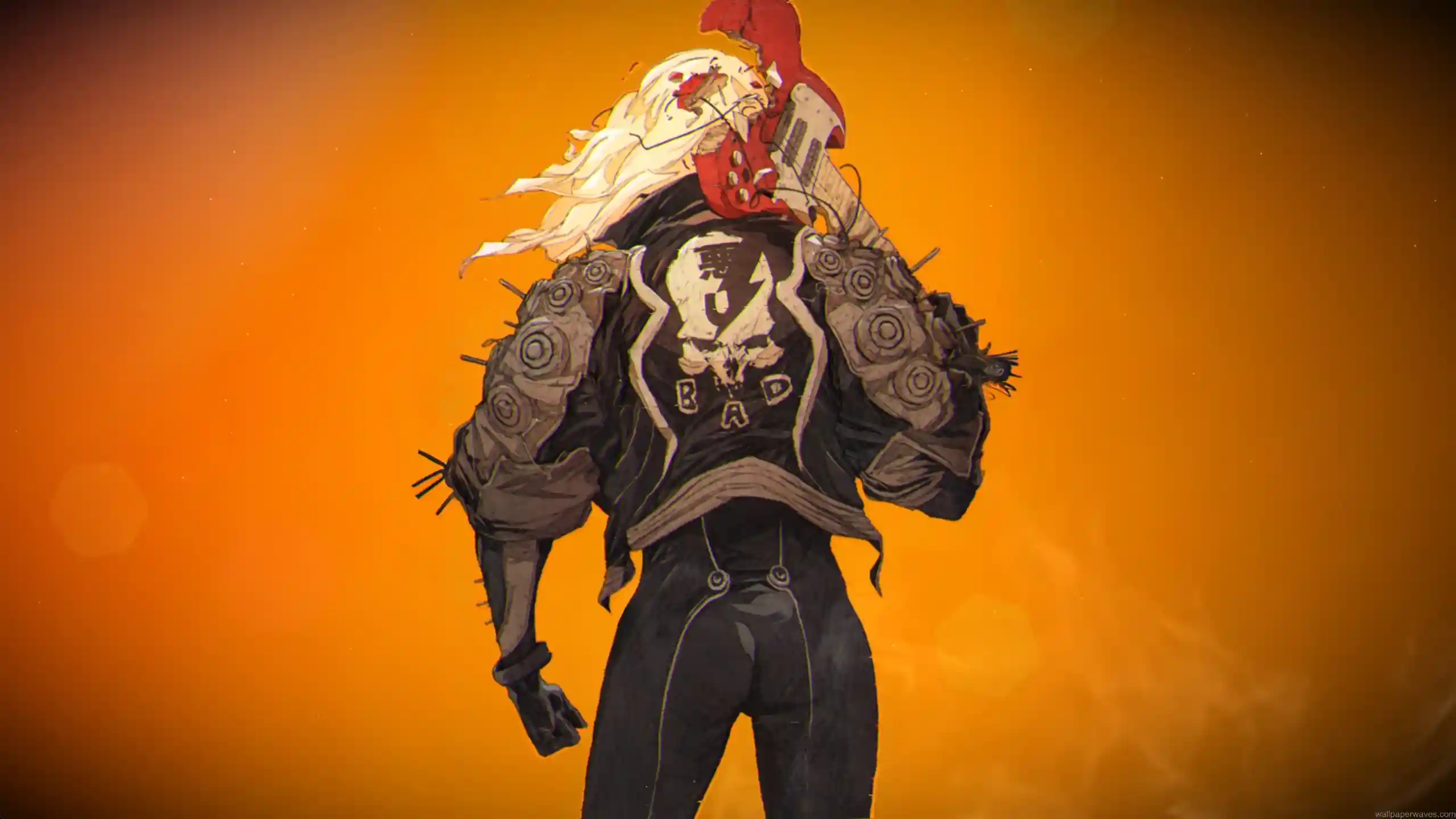 I-No from Guilty Gear standing with red electric guitar on shoulder, platinum hair flowing, black leather outfit with mechanical shoulder armor, bold orange background, rebellious rock goddess aesthetic live wallpaper