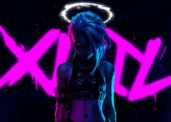 Jinx Neon Glow Arcane Live Wallpaper 1 Jinx Arcane neon glow XOXO graffiti cyberpunk anime girl blue pink lighting intense expression dark aesthetic wallpaper